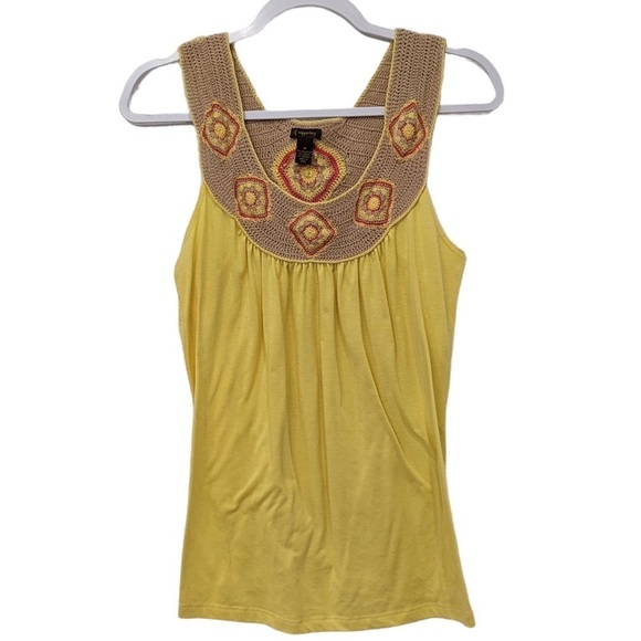 Copper Key Yellow Jersey Knit Crochet Yoke Tank Top Size Medium - Picture 1 of 7